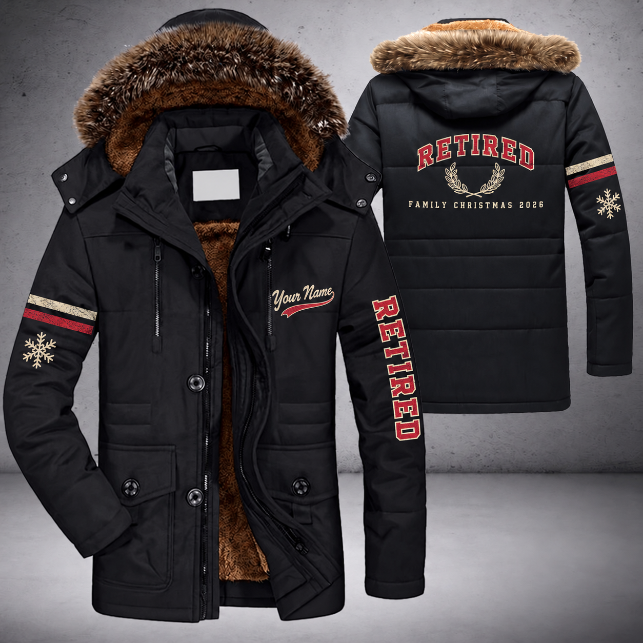 Black parka jacket with a faux-fur hood, snowflake and laurel on the back, "RETIRED" lettering and a custom name in script on the chest