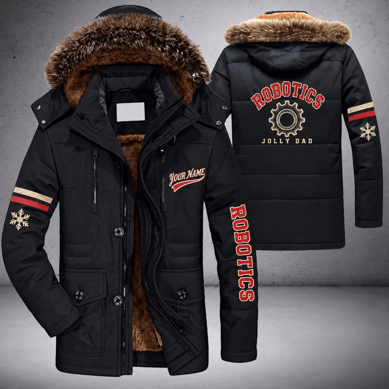 Black parka jacket with a faux-fur hood, snowflake and gear on the back, "ROBOTICS" lettering and a custom name in script on the chest