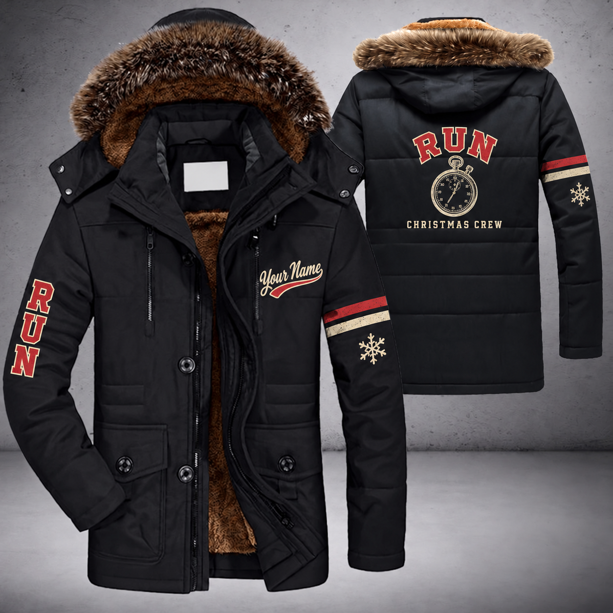 Black parka jacket with a faux-fur hood, snowflake and stopwatch on the back, "RUN" lettering and a custom name in script on the chest