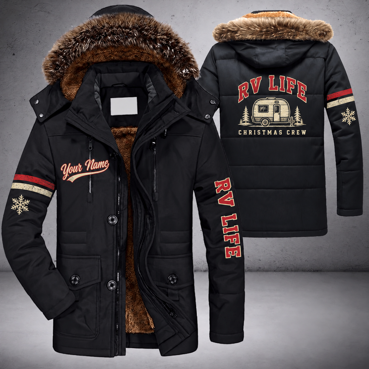 Black parka jacket with a faux-fur hood, snowflake and vintage camper trailer on the back, "RV LIFE" lettering and a custom name in script on the chest