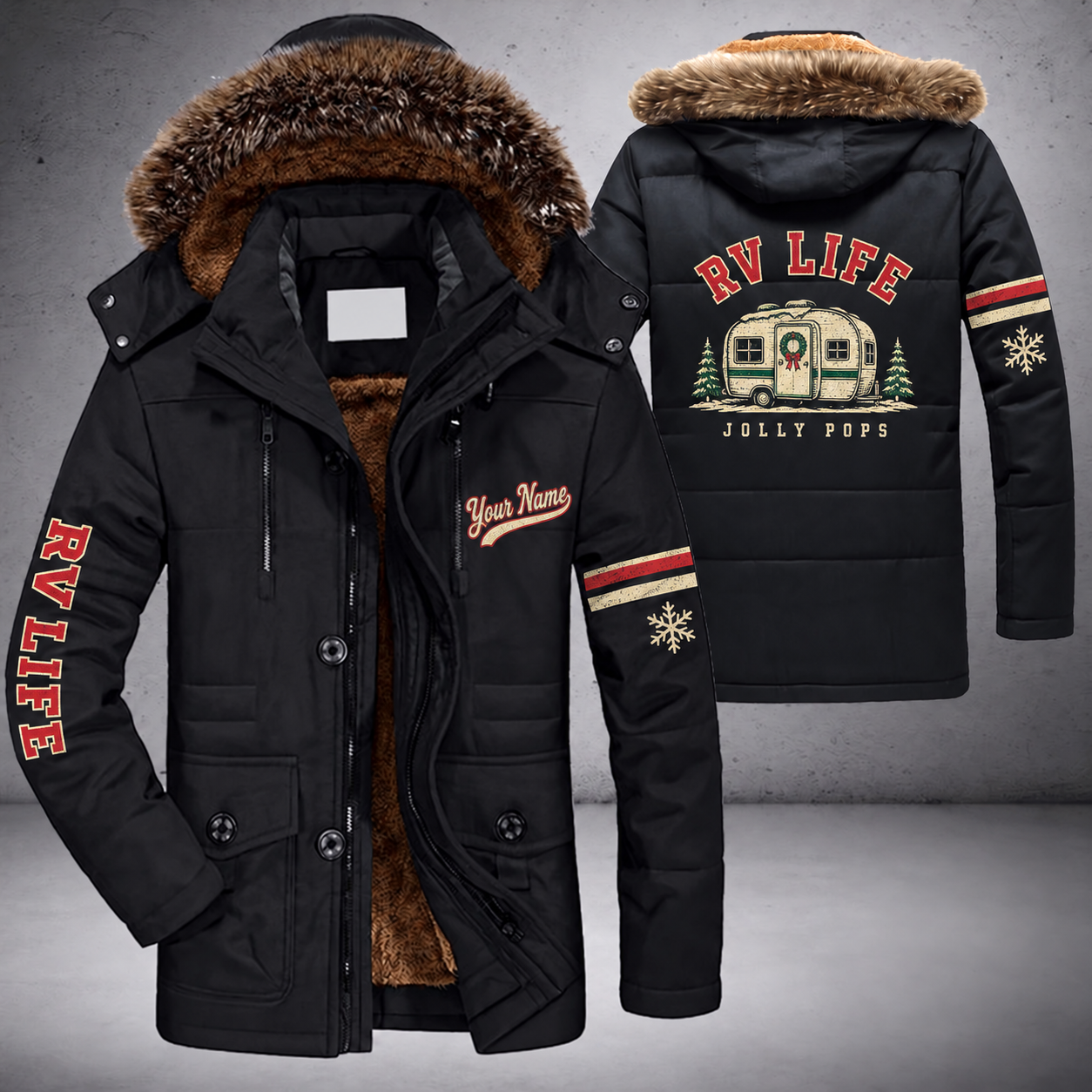 Black parka jacket with a faux-fur hood, snowflake and vintage camper trailer on the back, "RV LIFE" lettering and a custom name in script on the chest