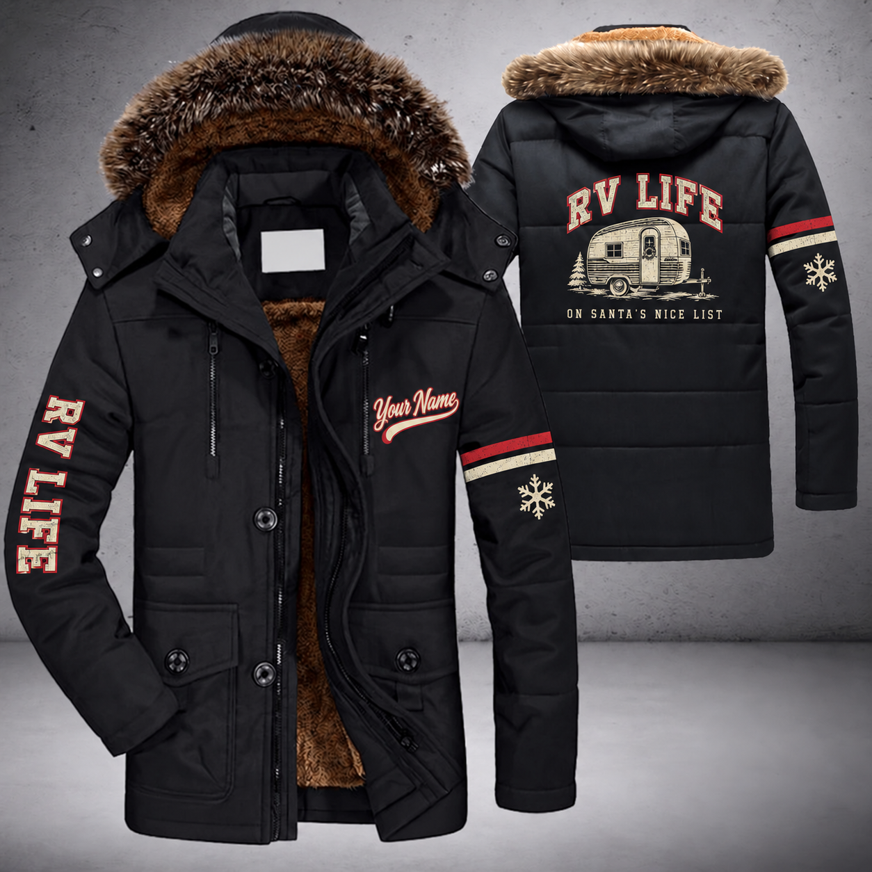 Black parka jacket with a faux-fur hood, snowflake and vintage camper trailer on the back, "RV LIFE" lettering and a custom name in script on the chest