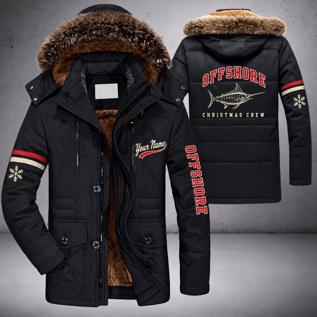 Black parka jacket with a faux-fur hood, snowflake and marlin on the back, "OFFSHORE" lettering and a custom name in script on the chest