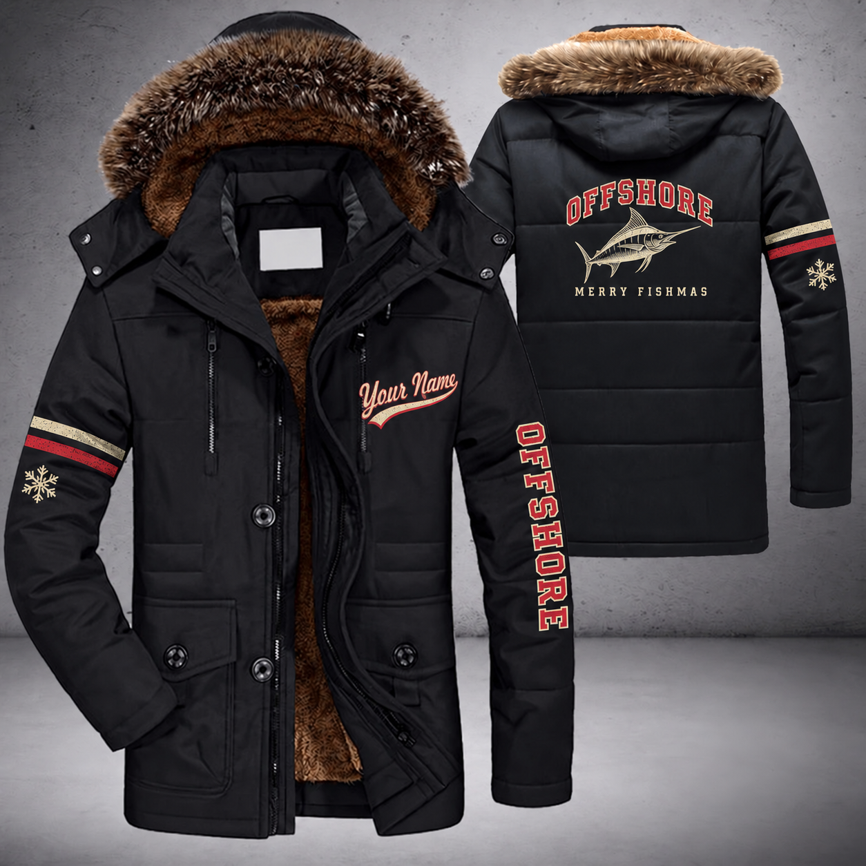 Black parka jacket with a faux-fur hood, snowflake and marlin on the back, "OFFSHORE" lettering and a custom name in script on the chest