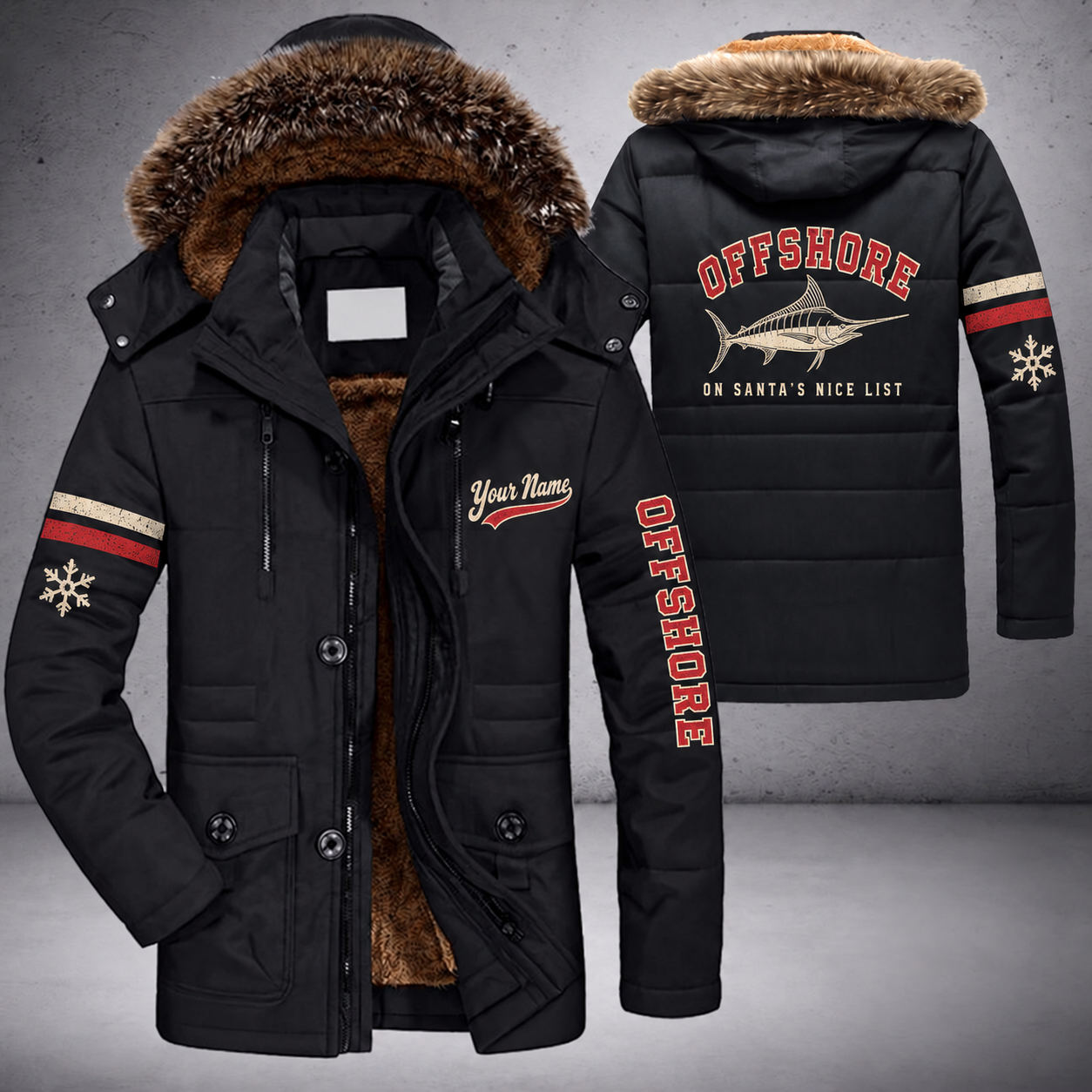 Black parka jacket with a faux-fur hood, snowflake and marlin on the back, "OFFSHORE" lettering and a custom name in script on the chest