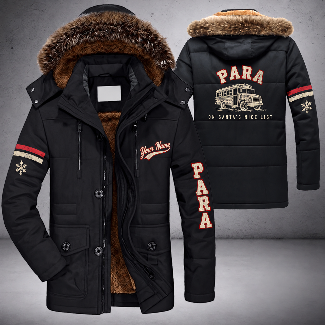 Black parka jacket with a faux-fur hood, snowflake and school bus on the back, "PARA" lettering and a custom name in script on the chest