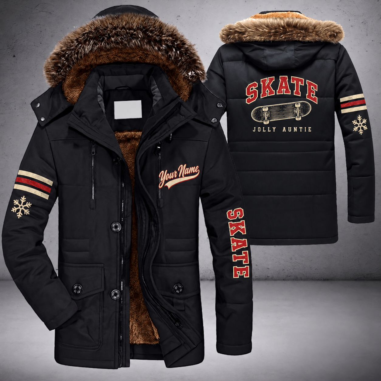 Black parka jacket with a faux-fur hood, snowflake and skateboard deck on the back, "SKATE" lettering and a custom name in script on the chest