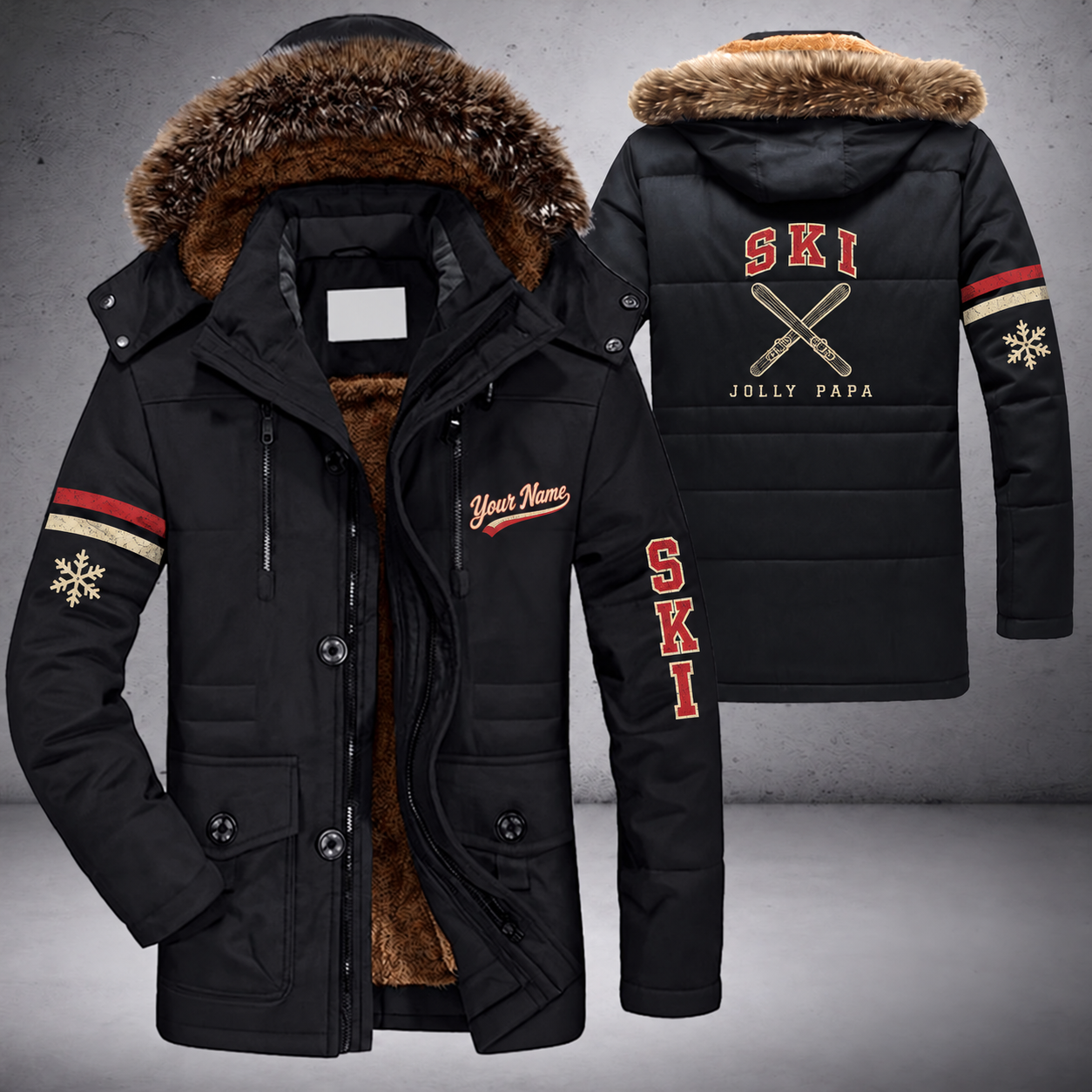 Black parka jacket with a faux-fur hood, snowflake and crossed skis on the back, "SKI" lettering and a custom name in script on the chest