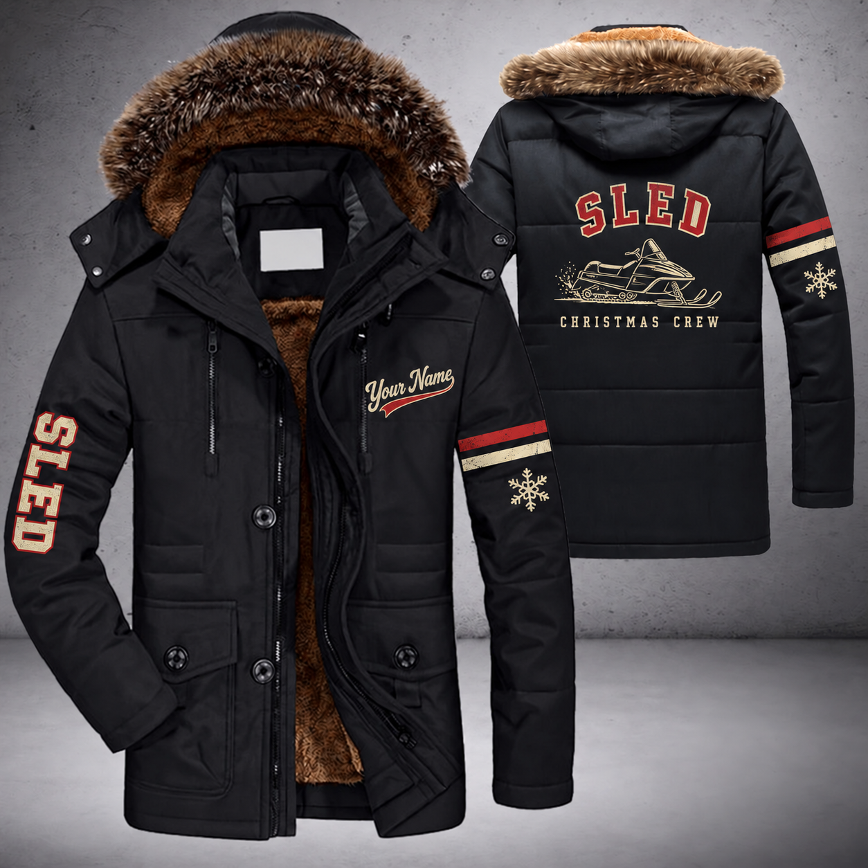 Black parka jacket with a faux-fur hood, snowflake and snowmobile on the back, "SLED" lettering and a custom name in script on the chest