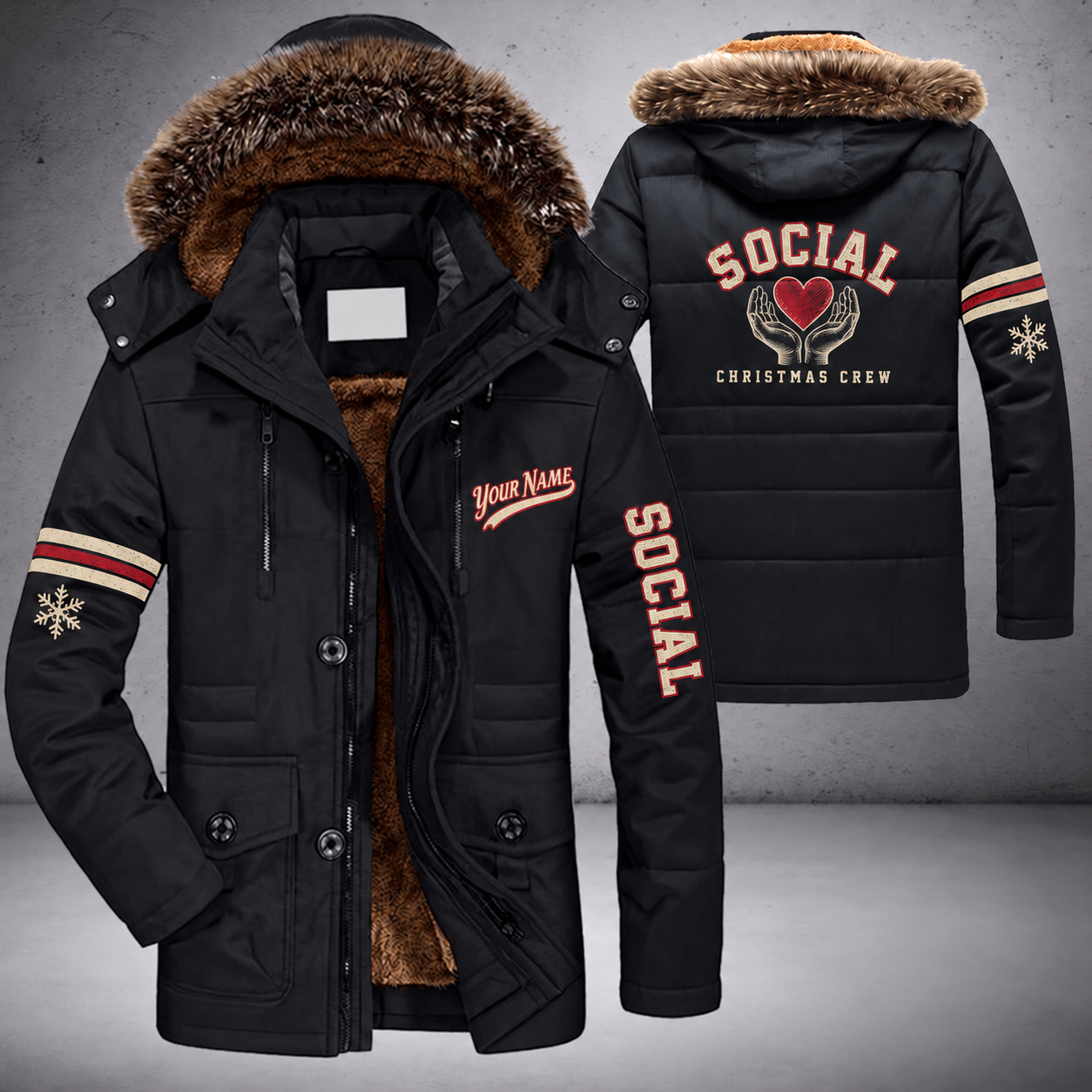 Black parka jacket with a faux-fur hood, snowflake and heart in hands on the back, "SOCIAL" lettering and a custom name in script on the chest