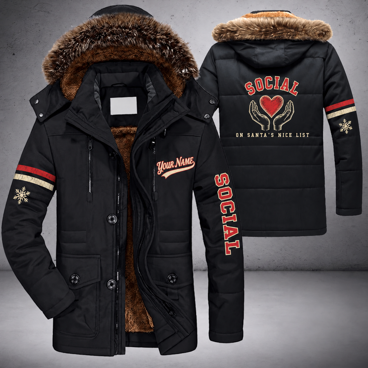 Black parka jacket with a faux-fur hood, snowflake and heart in hands on the back, "SOCIAL" lettering and a custom name in script on the chest