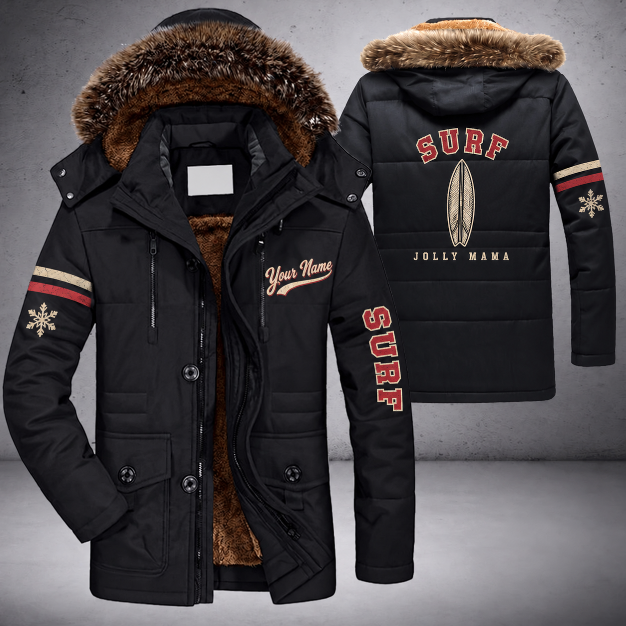 Black parka jacket with a faux-fur hood, snowflake and surfboard on the back, "SURF" lettering and a custom name in script on the chest
