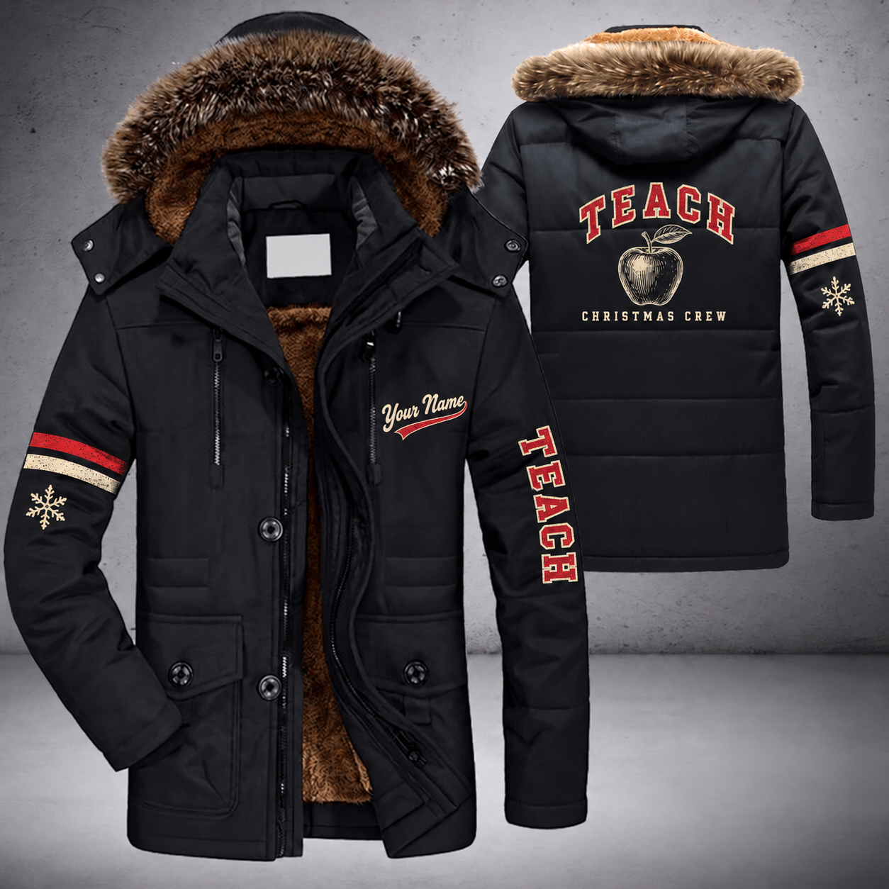 Black parka jacket with a faux-fur hood, snowflake and apple on the back, "TEACH" lettering and a custom name in script on the chest