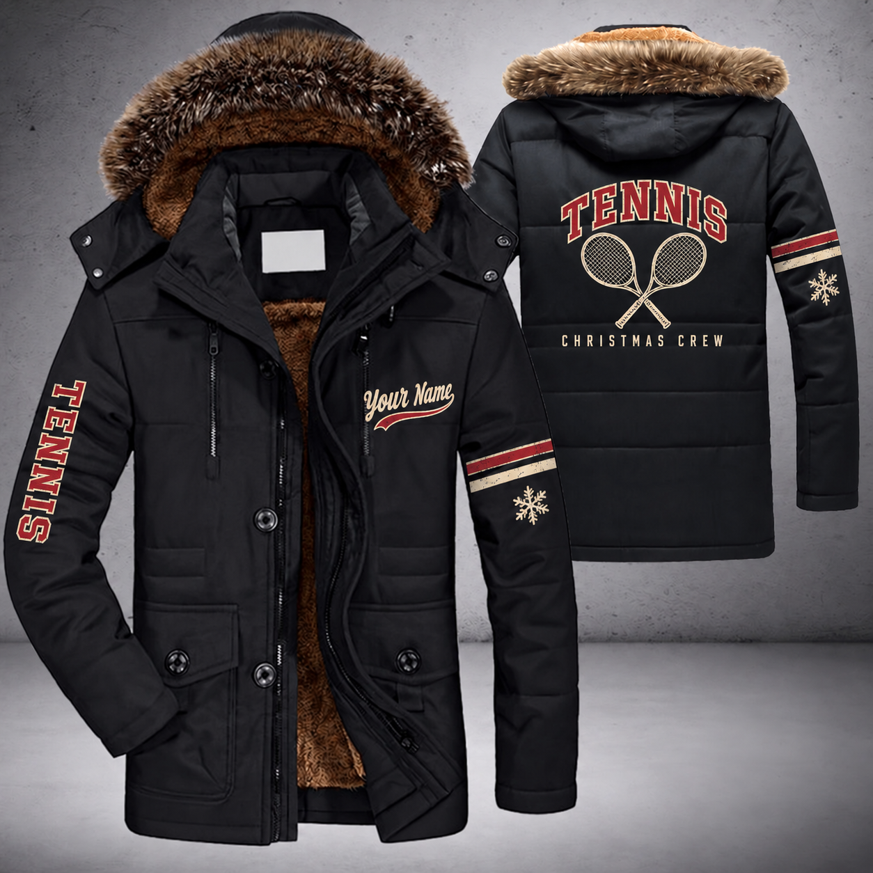 Black parka jacket with a faux-fur hood, snowflake and crossed rackets on the back, "TENNIS" lettering and a custom name in script on the chest