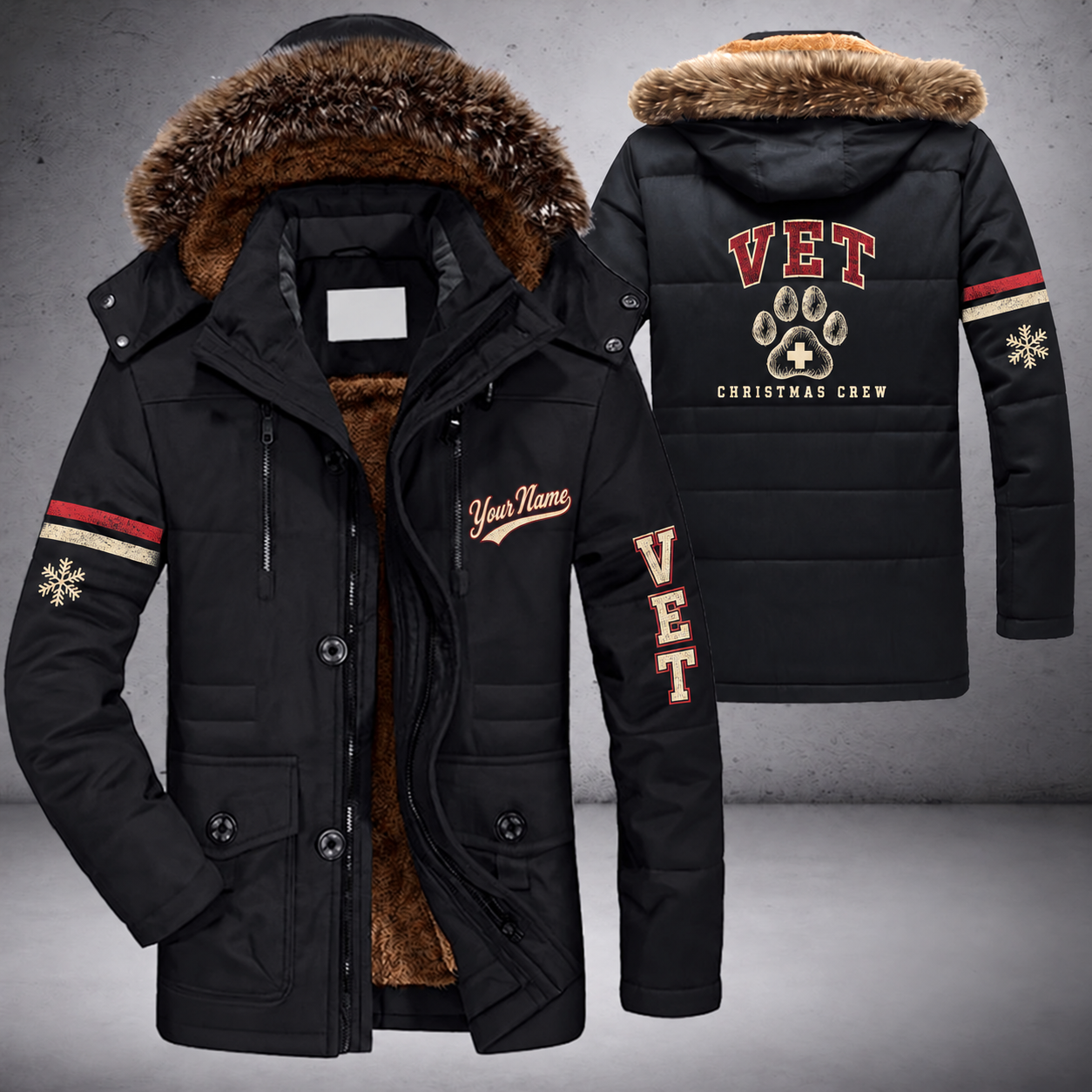 Black parka jacket with a faux-fur hood, snowflake and paw print with a small white plus sign (never red) on the back, "VET" lettering and a custom name in script on the chest