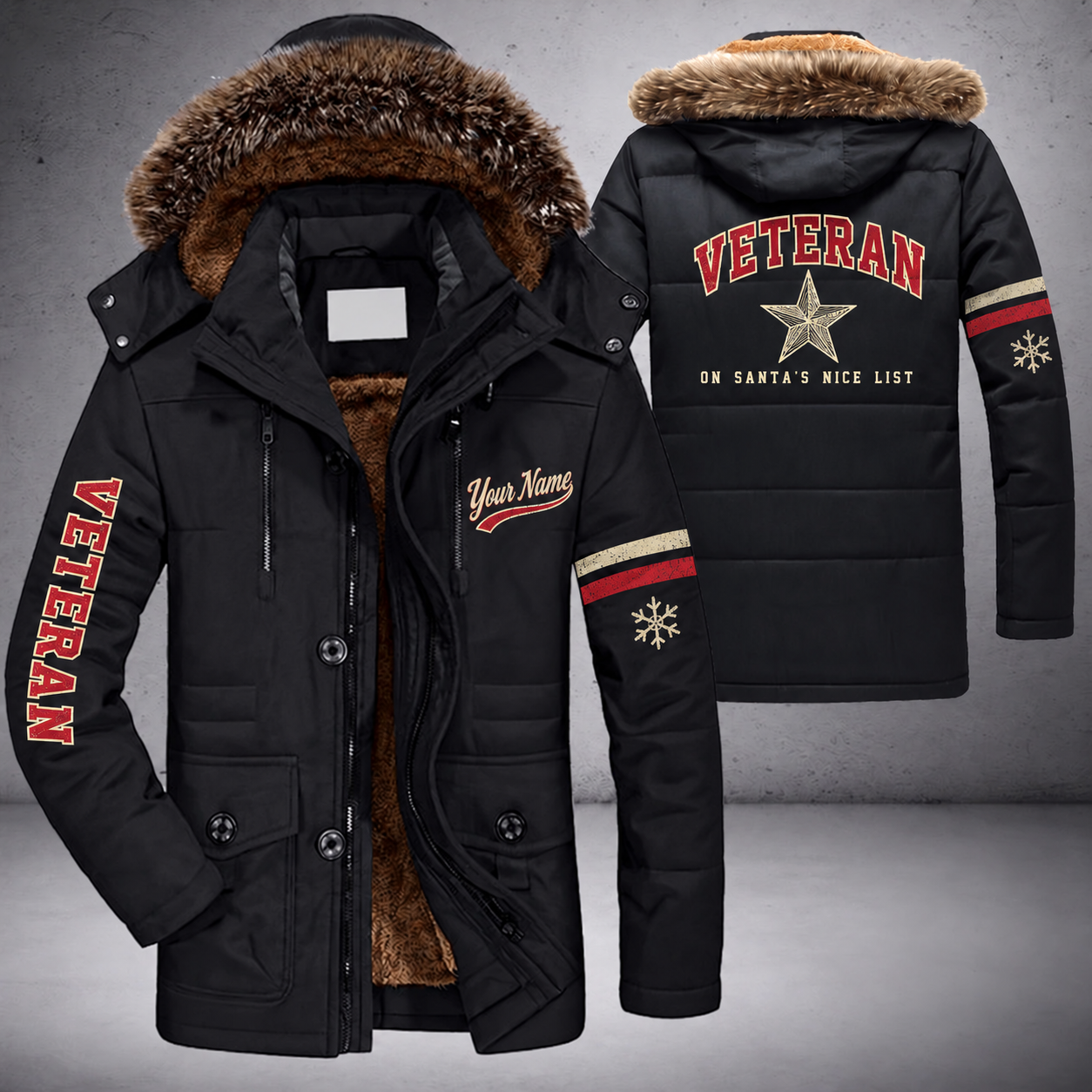Black parka jacket with a faux-fur hood, snowflake and five-point star on the back, "VETERAN" lettering and a custom name in script on the chest
