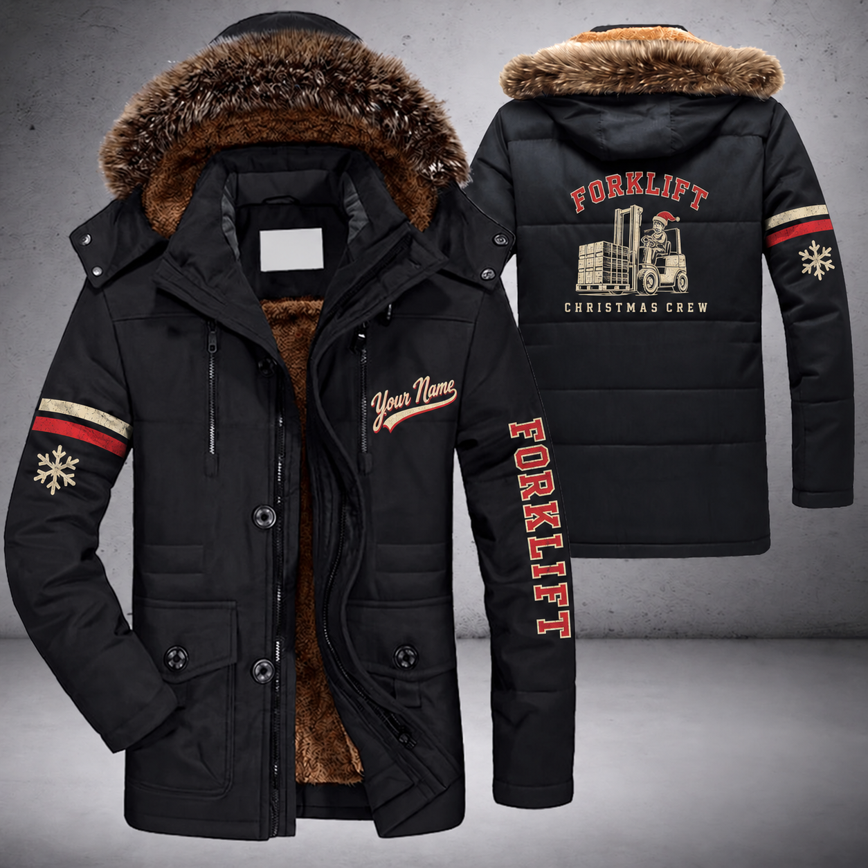 Black parka jacket with a faux-fur hood, snowflake and forklift on the back, "FORKLIFT" lettering and a custom name in script on the chest