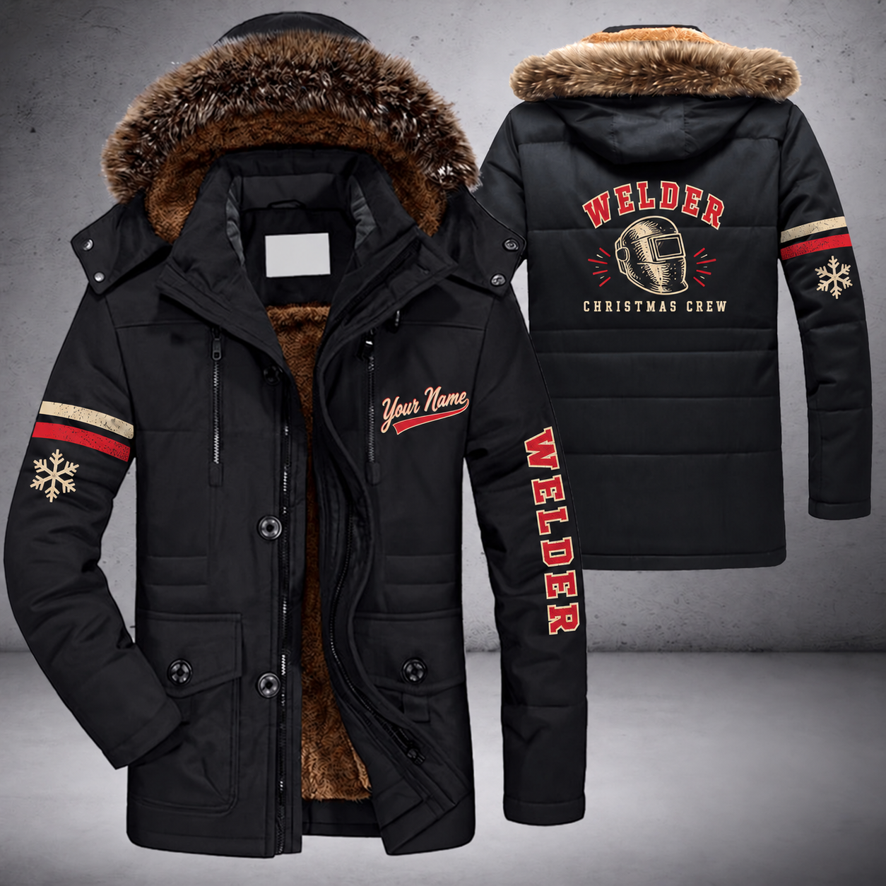 Black parka jacket with a faux-fur hood, snowflake and welding helmet on the back, "WELDER" lettering and a custom name in script on the chest