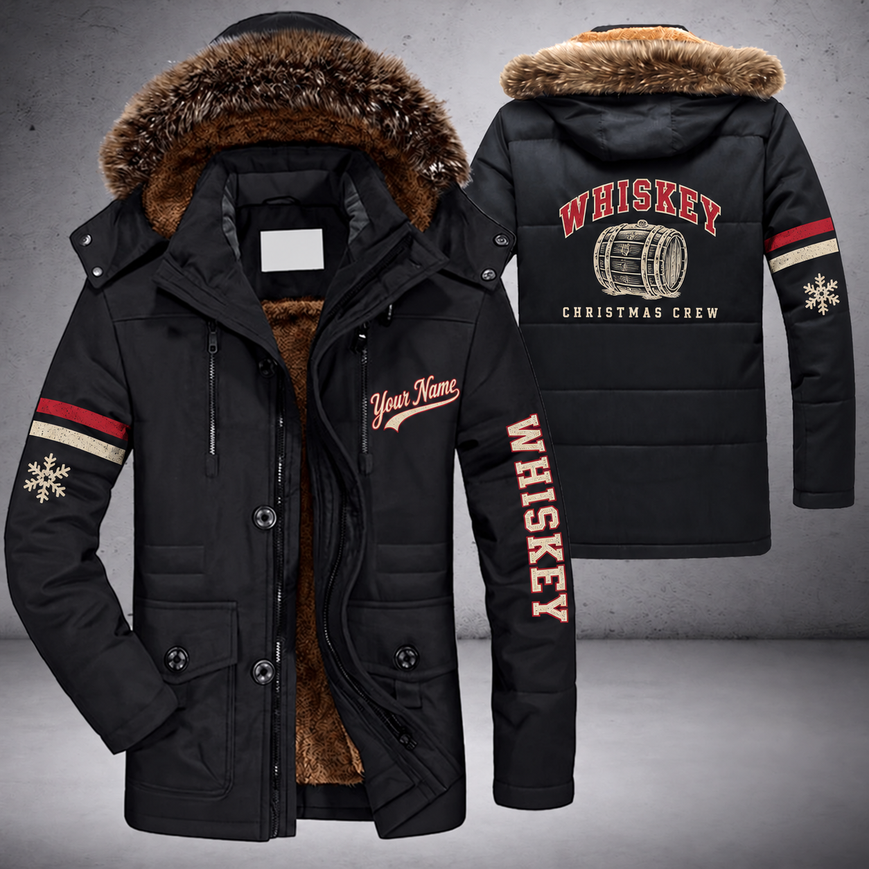 Black parka jacket with a faux-fur hood, snowflake and barrel on the back, "WHISKEY" lettering and a custom name in script on the chest