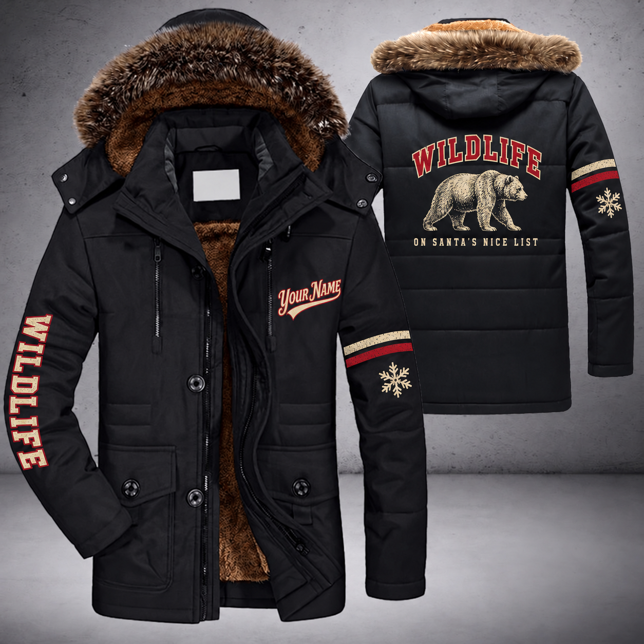 Black parka jacket with a faux-fur hood, snowflake and bear on the back, "WILDLIFE" lettering and a custom name in script on the chest