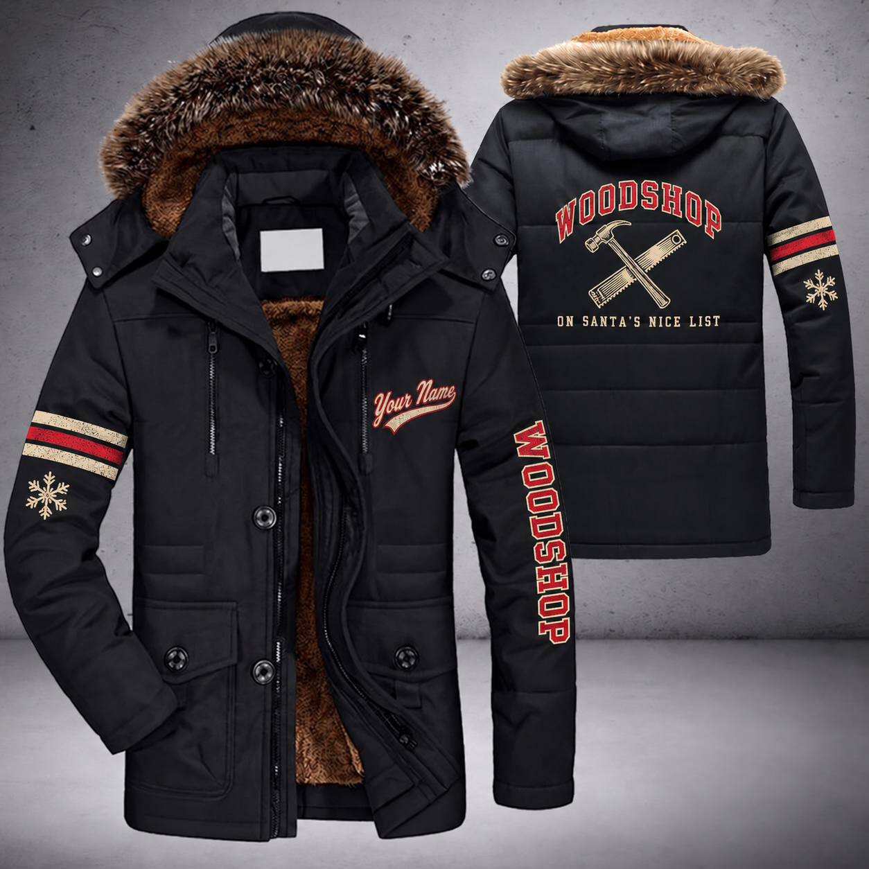 Black parka jacket with a faux-fur hood, snowflake and crossed hammer and saw on the back, "WOODSHOP" lettering and a custom name in script on the chest