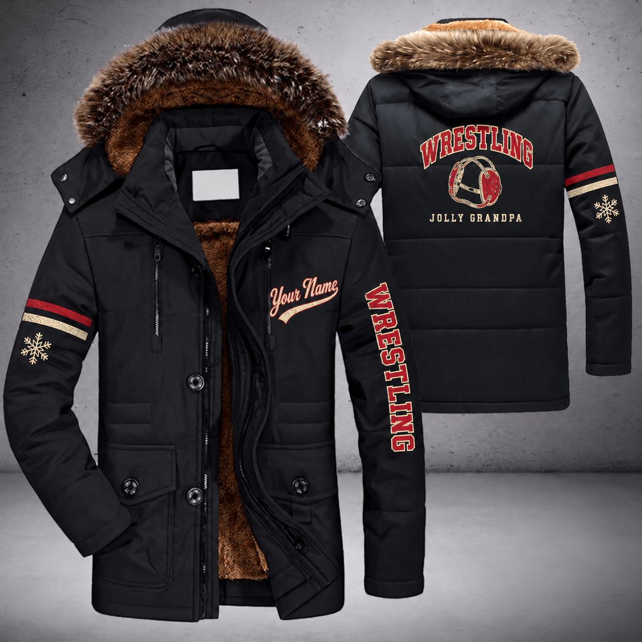 Black parka jacket with a faux-fur hood, snowflake and wrestling headgear on the back, "WRESTLING" lettering and a custom name in script on the chest