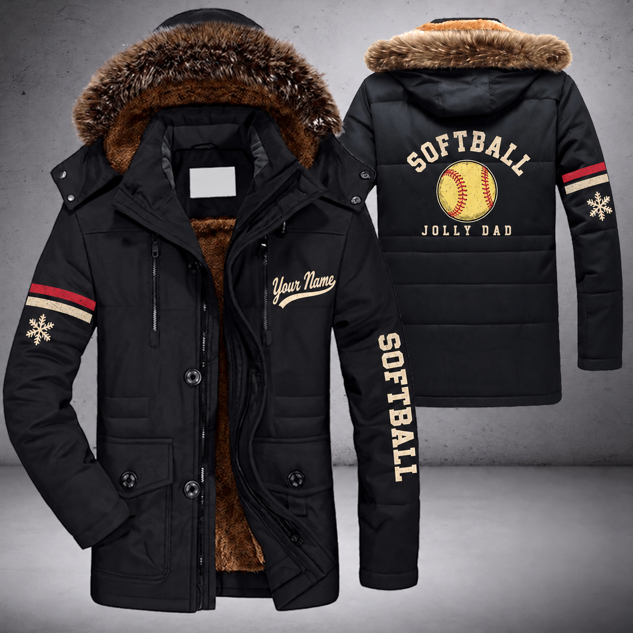 Black parka jacket with a faux-fur hood, snowflake and yellow softball with red stitches on the back, "SOFTBALL" lettering and a custom name in script on the chest