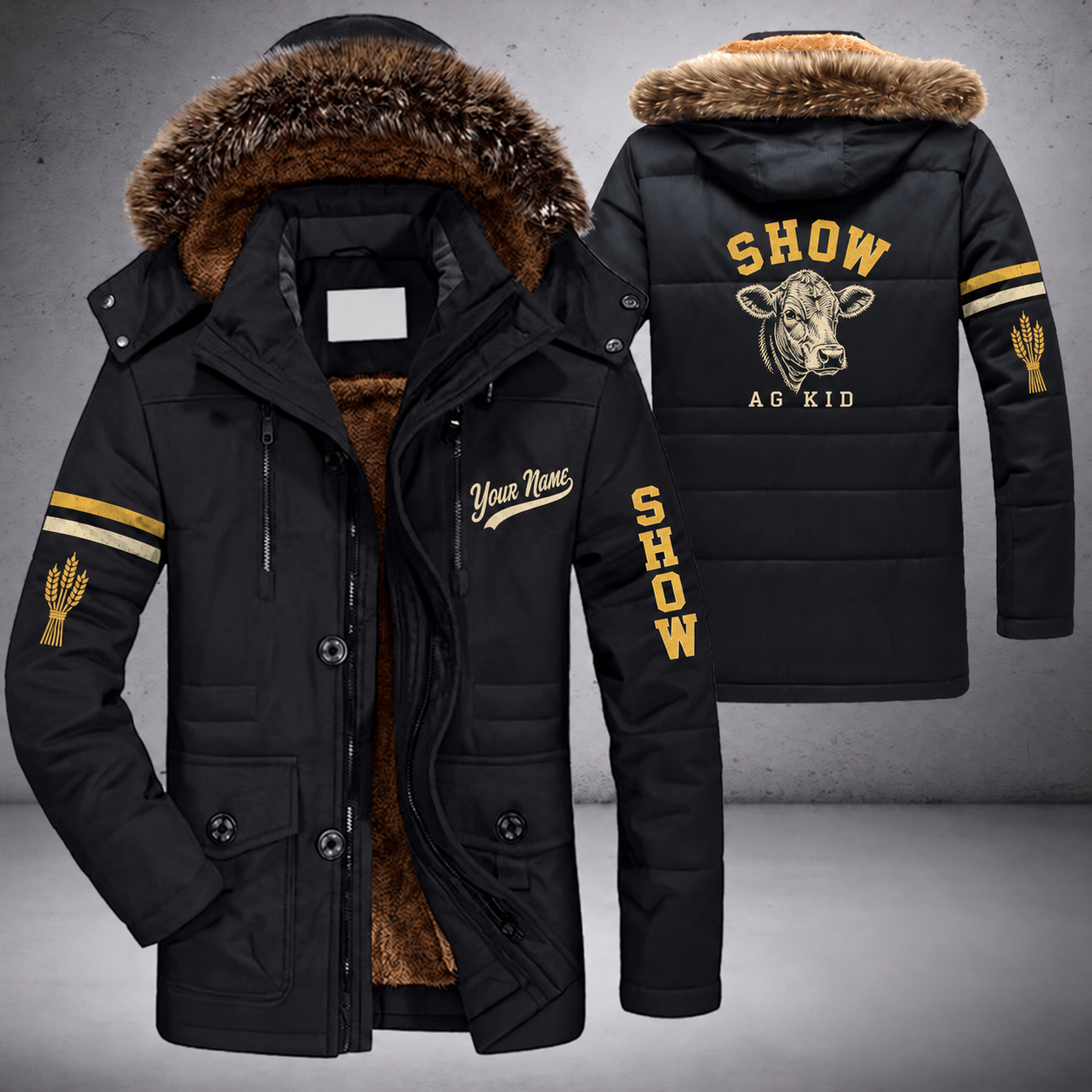 Black parka jacket with a faux-fur hood, show steer head on the back, "SHOW" lettering and a custom name in script on the chest