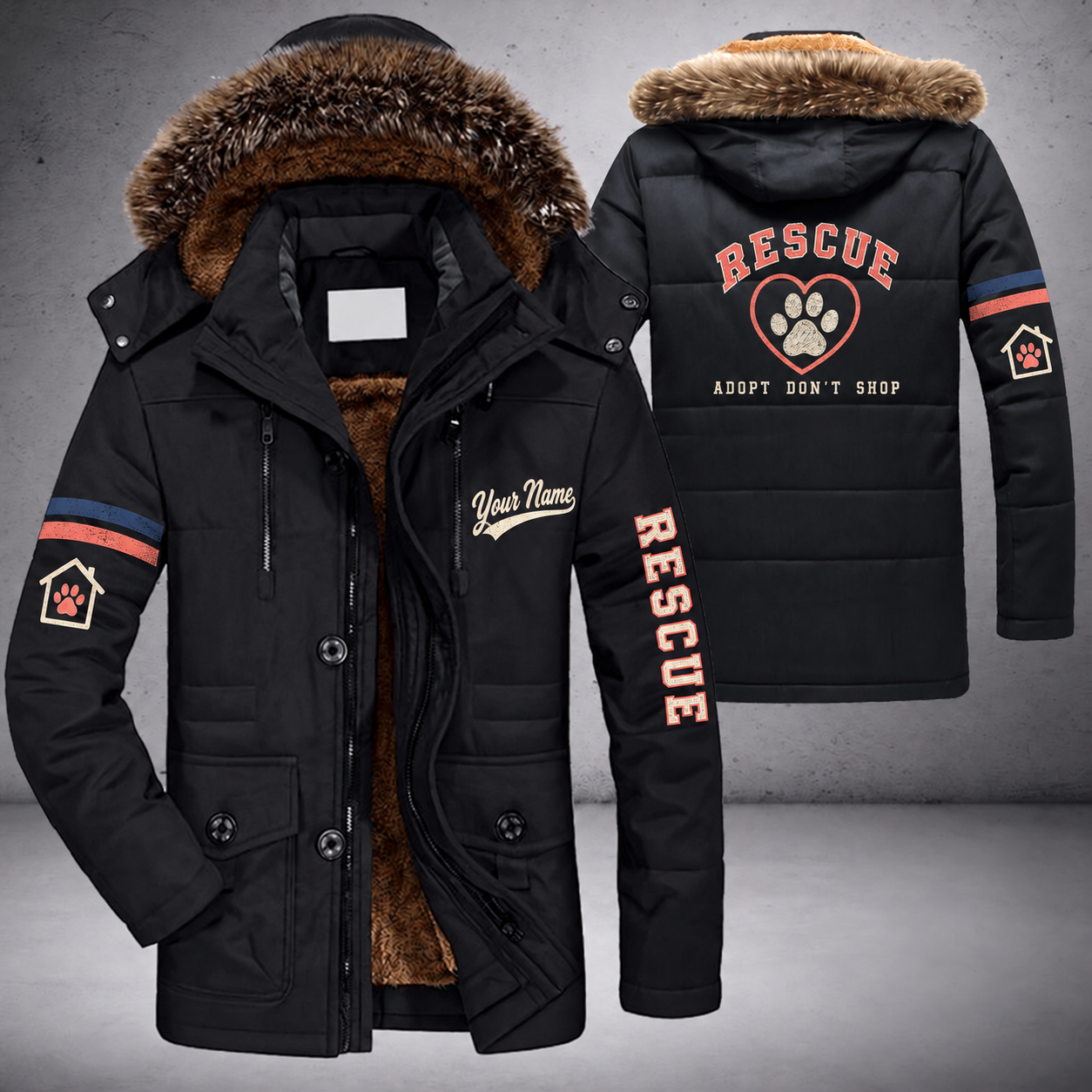 Black parka jacket with a faux-fur hood, paw print in a heart on the back, "RESCUE" lettering and a custom name in script on the chest