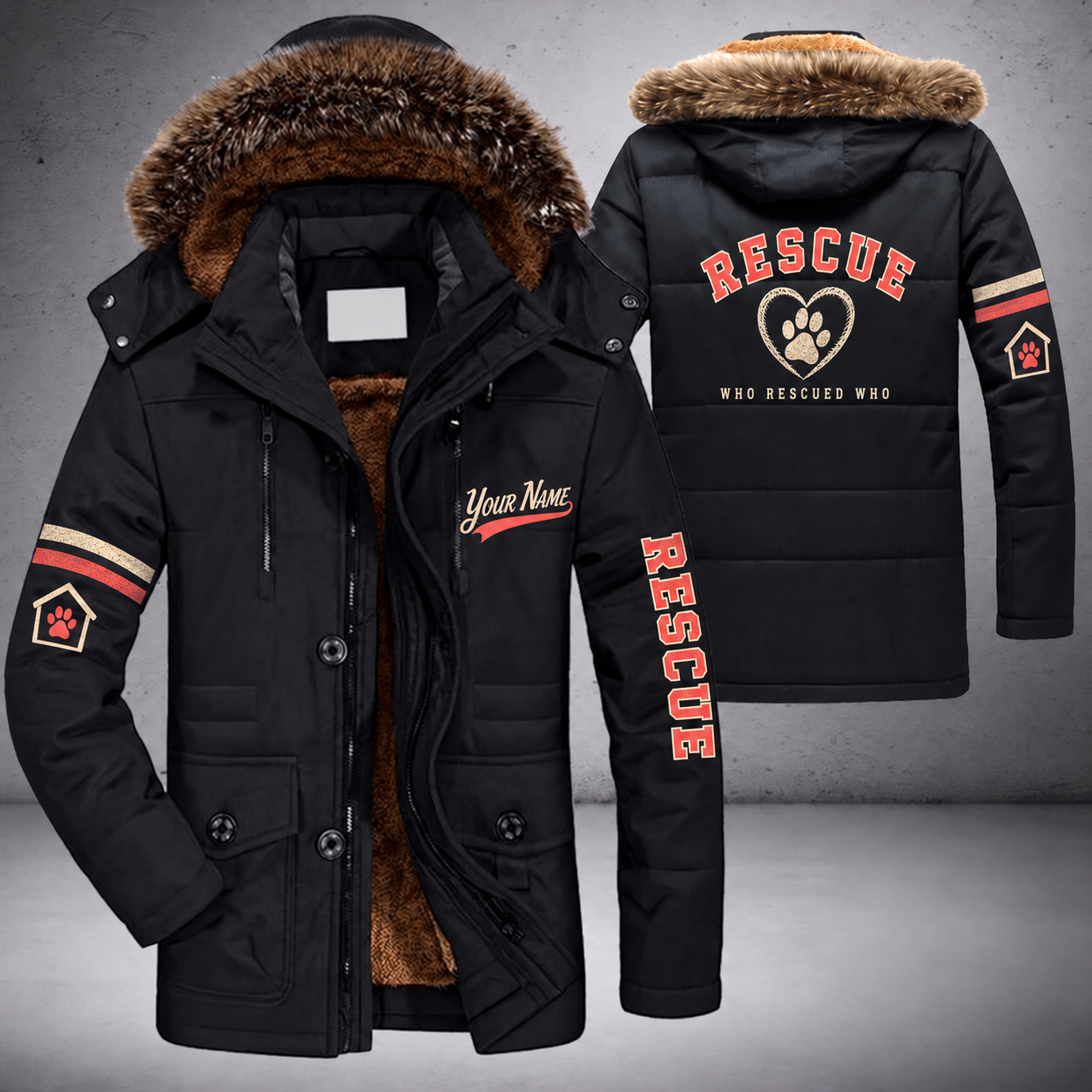 Black parka jacket with a faux-fur hood, paw print in a heart on the back, "RESCUE" lettering and a custom name in script on the chest