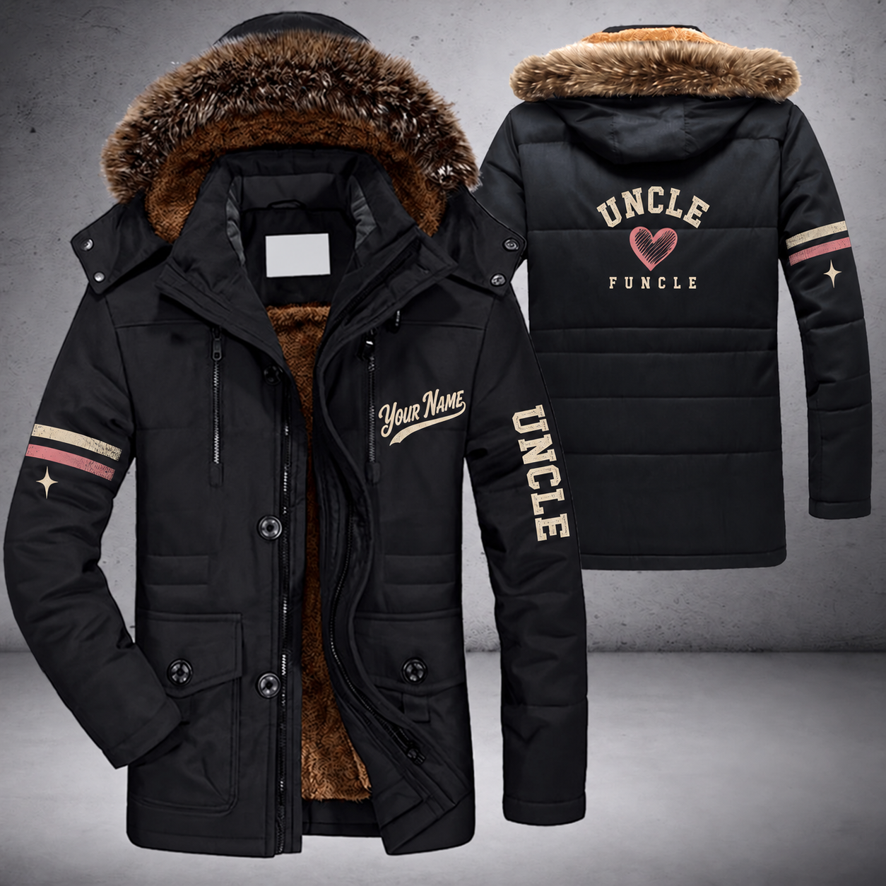 Black parka jacket with a faux-fur hood, heart on the back, "UNCLE" lettering and a custom name in script on the chest