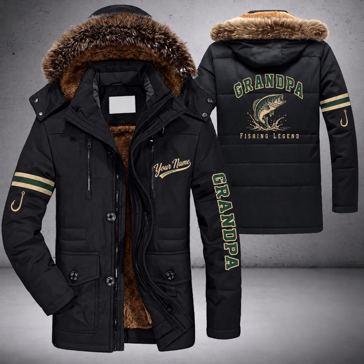 Black parka jacket with a faux-fur hood, largemouth bass jumping on the back, "GRANDPA" lettering and a custom name in script on the chest