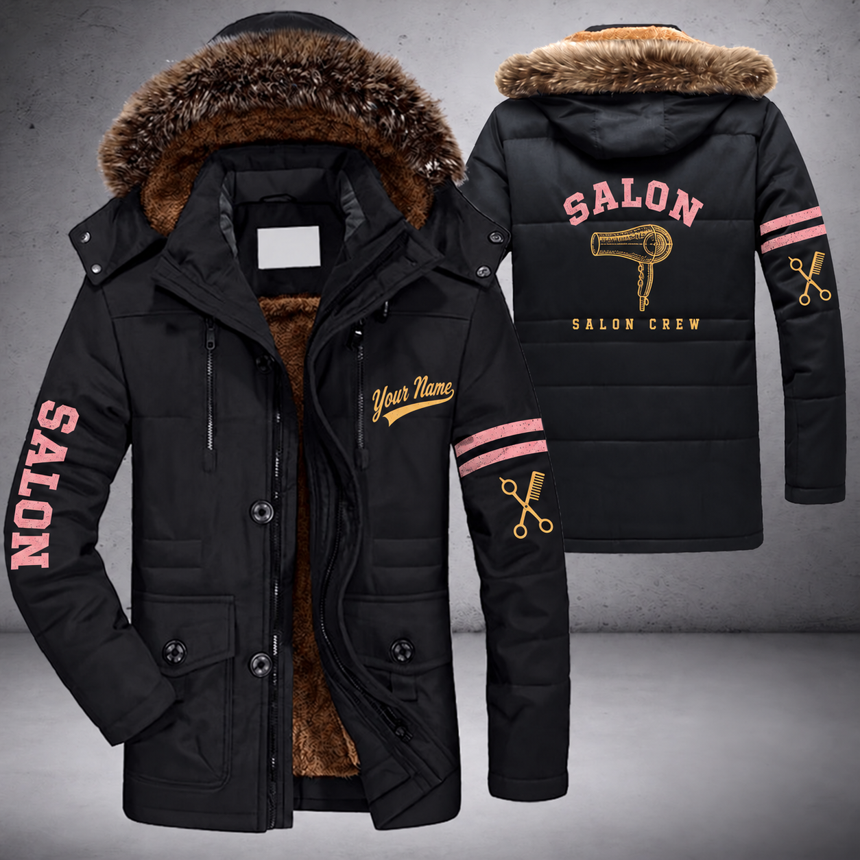 Black parka jacket with a faux-fur hood, hair dryer on the back, "SALON" lettering and a custom name in script on the chest