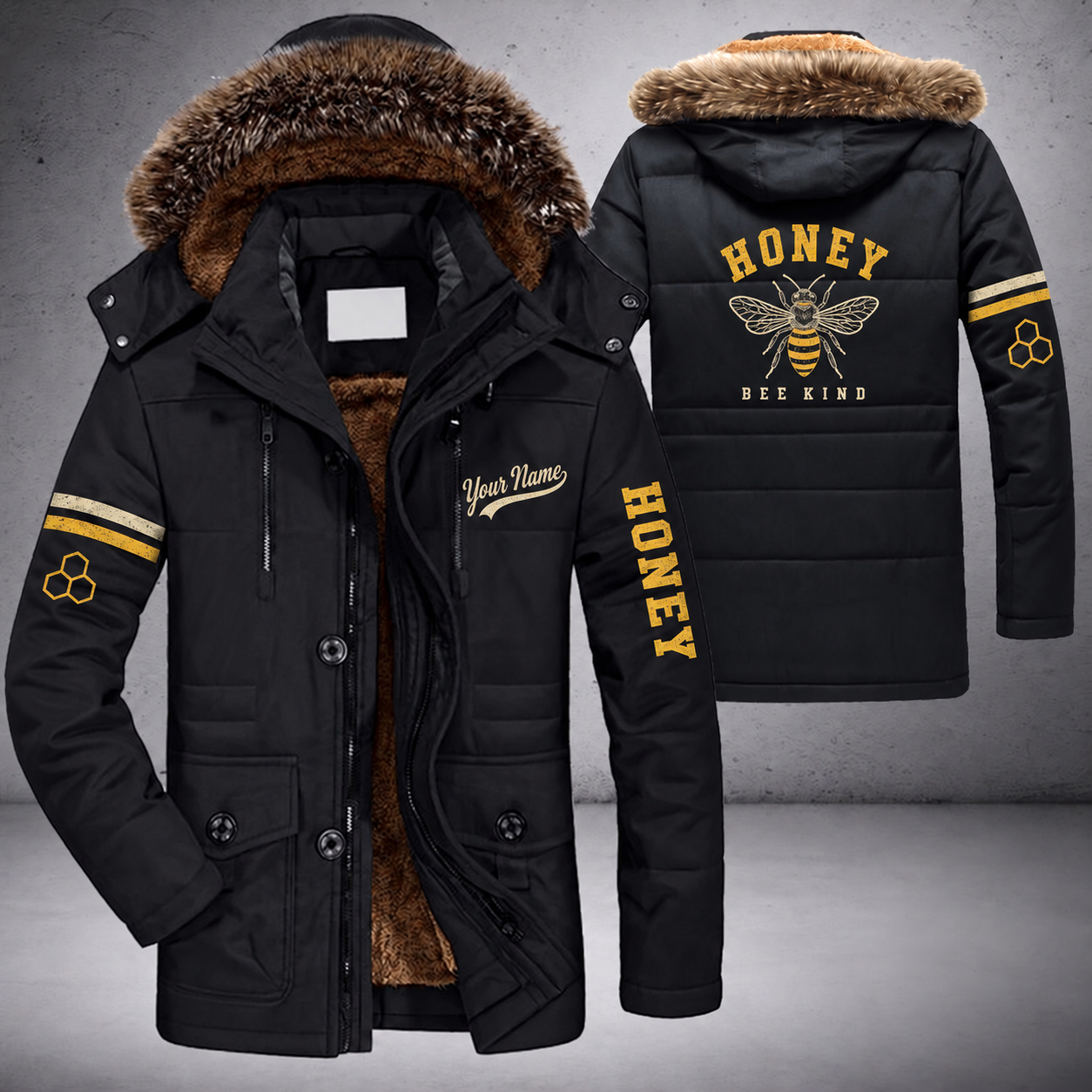 Black parka jacket with a faux-fur hood, honeybee on the back, "HONEY" lettering and a custom name in script on the chest