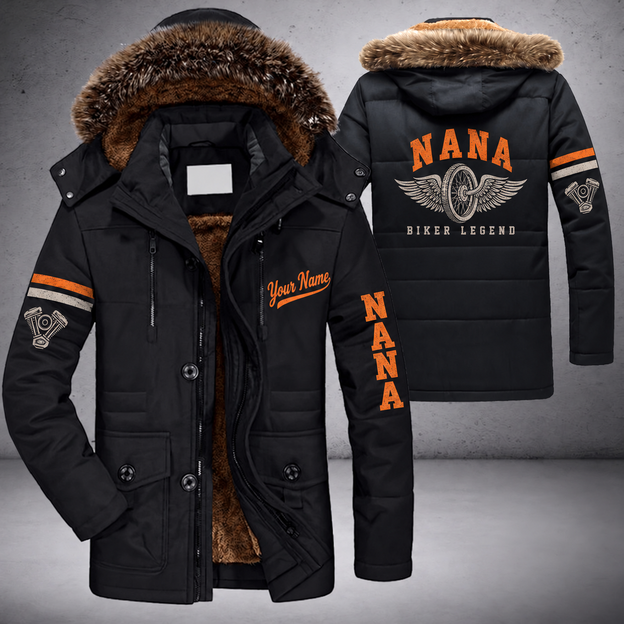 Black parka jacket with a faux-fur hood, winged wheel on the back, "NANA" lettering and a custom name in script on the chest