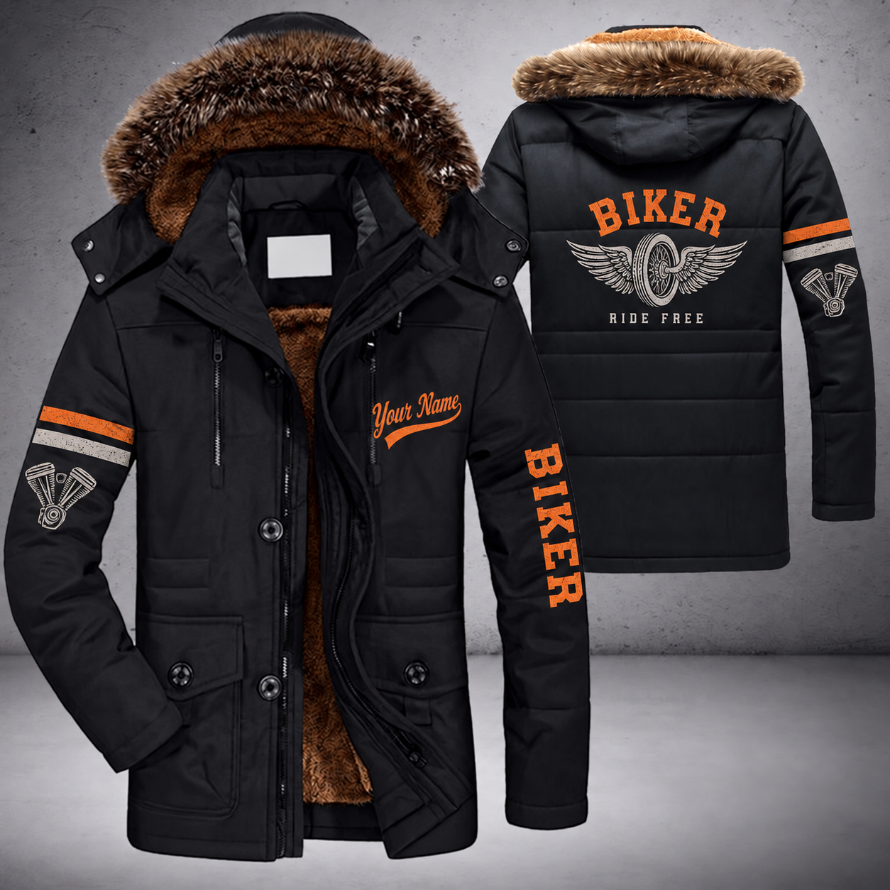 Black parka jacket with a faux-fur hood, winged wheel on the back, "BIKER" lettering and a custom name in script on the chest