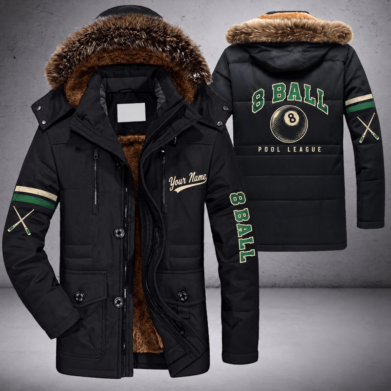 Black parka jacket with a faux-fur hood, 8 ball on the back, "8 BALL" lettering and a custom name in script on the chest