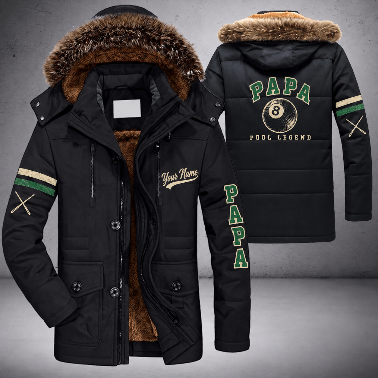 Black parka jacket with a faux-fur hood, 8 ball on the back, "PAPA" lettering and a custom name in script on the chest