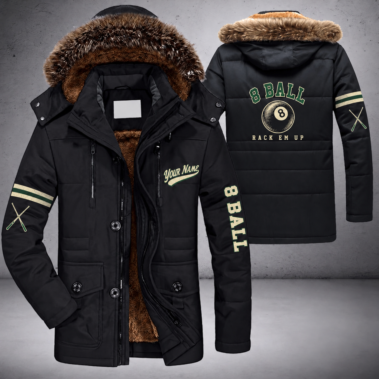 Black parka jacket with a faux-fur hood, 8 ball on the back, "8 BALL" lettering and a custom name in script on the chest