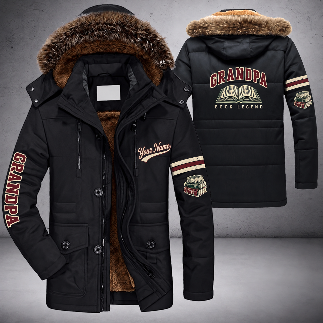 Black parka jacket with a faux-fur hood, open book on the back, "GRANDPA" lettering and a custom name in script on the chest