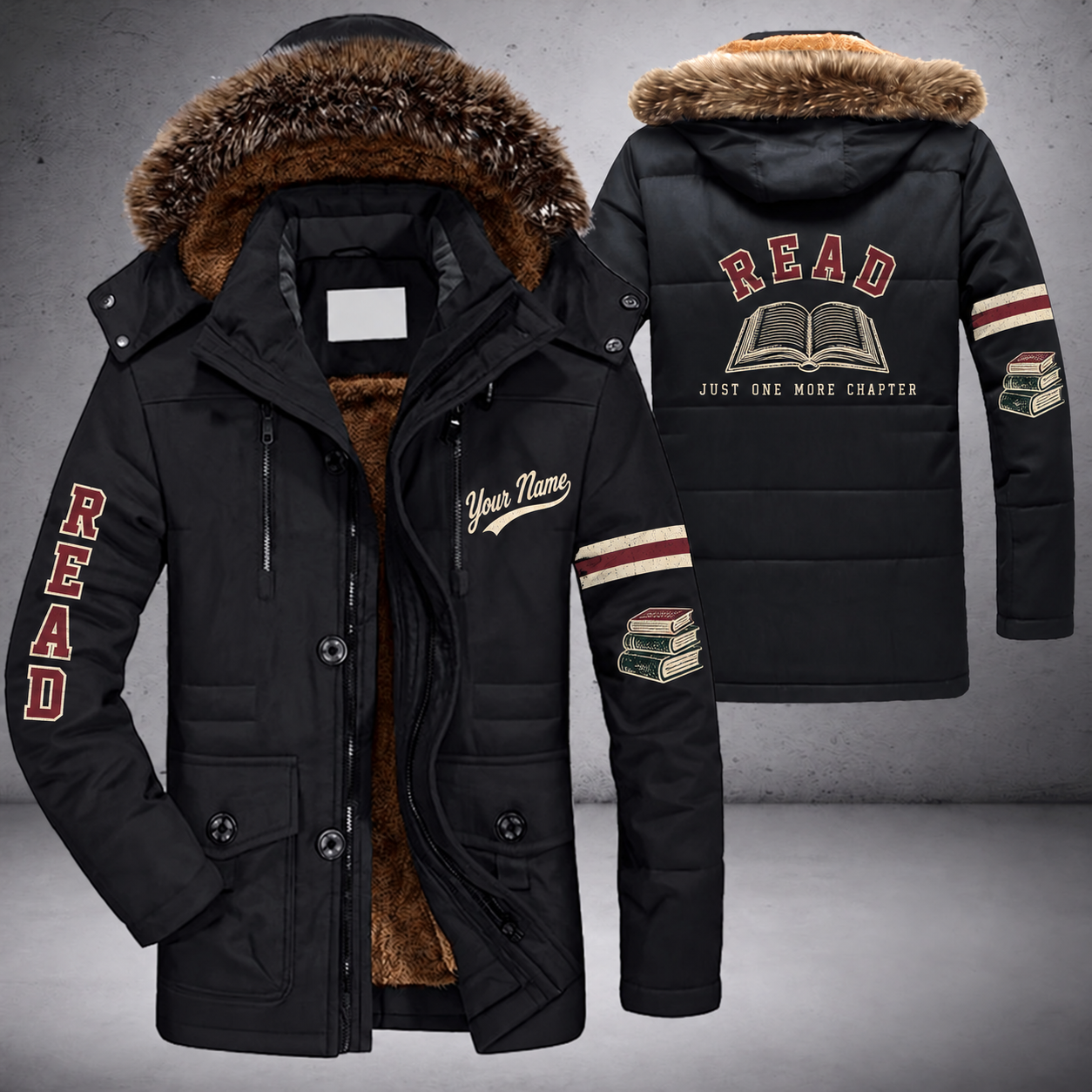 Black parka jacket with a faux-fur hood, open book on the back, "READ" lettering and a custom name in script on the chest