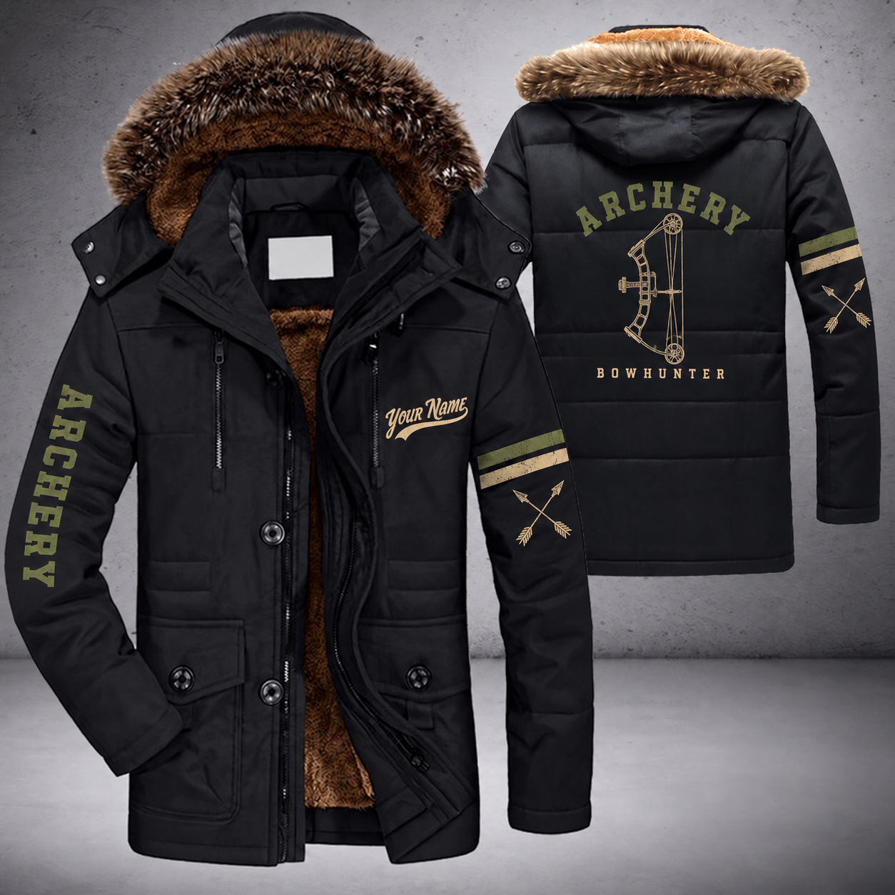 Black parka jacket with a faux-fur hood, compound bow on the back, "ARCHERY" lettering and a custom name in script on the chest