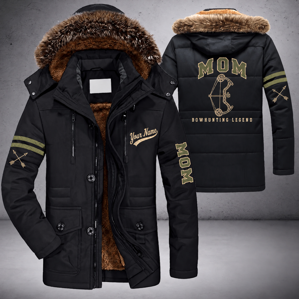 Black parka jacket with a faux-fur hood, compound bow on the back, "MOM" lettering and a custom name in script on the chest