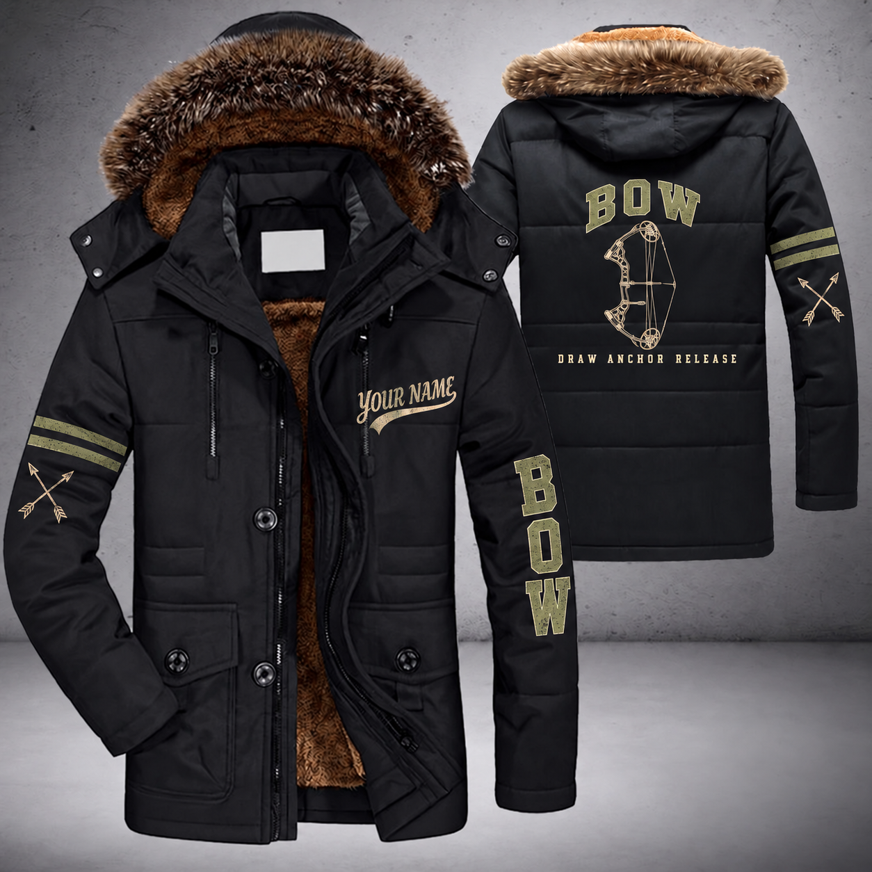 Black parka jacket with a faux-fur hood, compound bow on the back, "BOW" lettering and a custom name in script on the chest