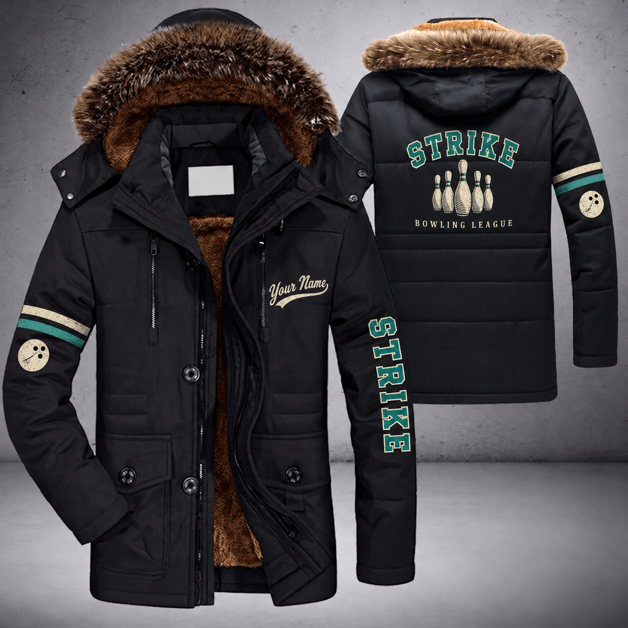 Black parka jacket with a faux-fur hood, bowling pins on the back, "STRIKE" lettering and a custom name in script on the chest