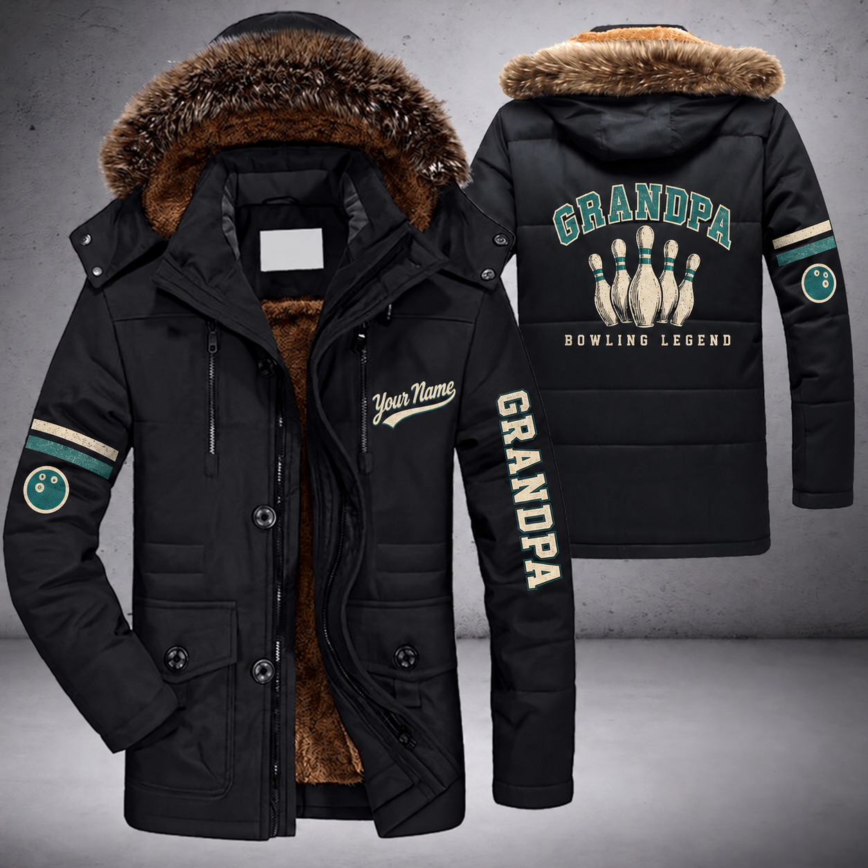 Black parka jacket with a faux-fur hood, bowling pins on the back, "GRANDPA" lettering and a custom name in script on the chest