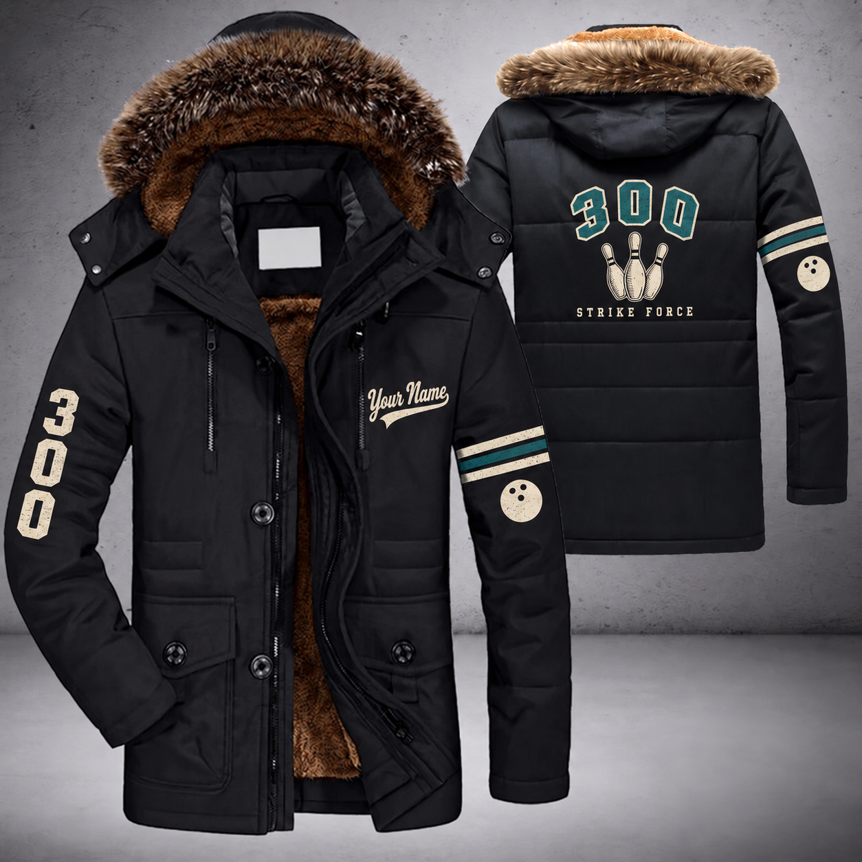 Black parka jacket with a faux-fur hood, bowling pins on the back, "300" lettering and a custom name in script on the chest