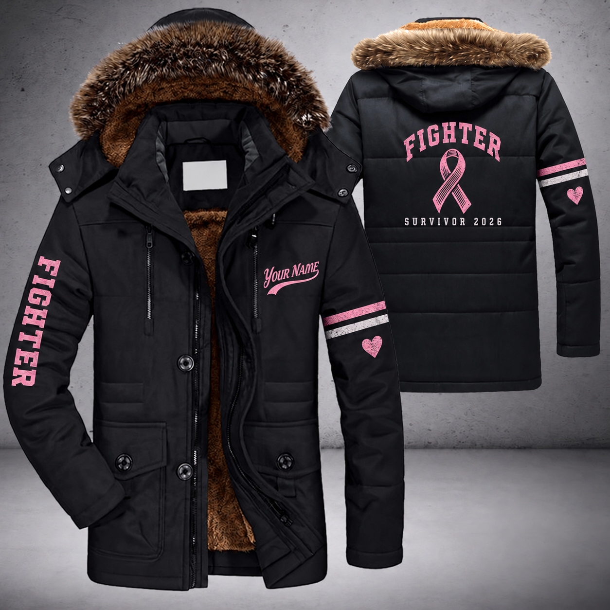 Black parka jacket with a faux-fur hood, pink ribbon on the back, "FIGHTER" lettering and a custom name in script on the chest