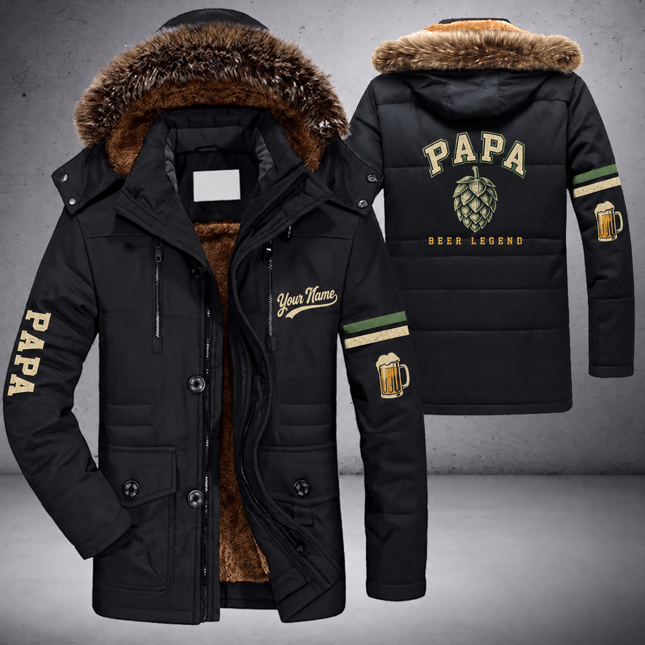 Black parka jacket with a faux-fur hood, hop cone on the back, "PAPA" lettering and a custom name in script on the chest