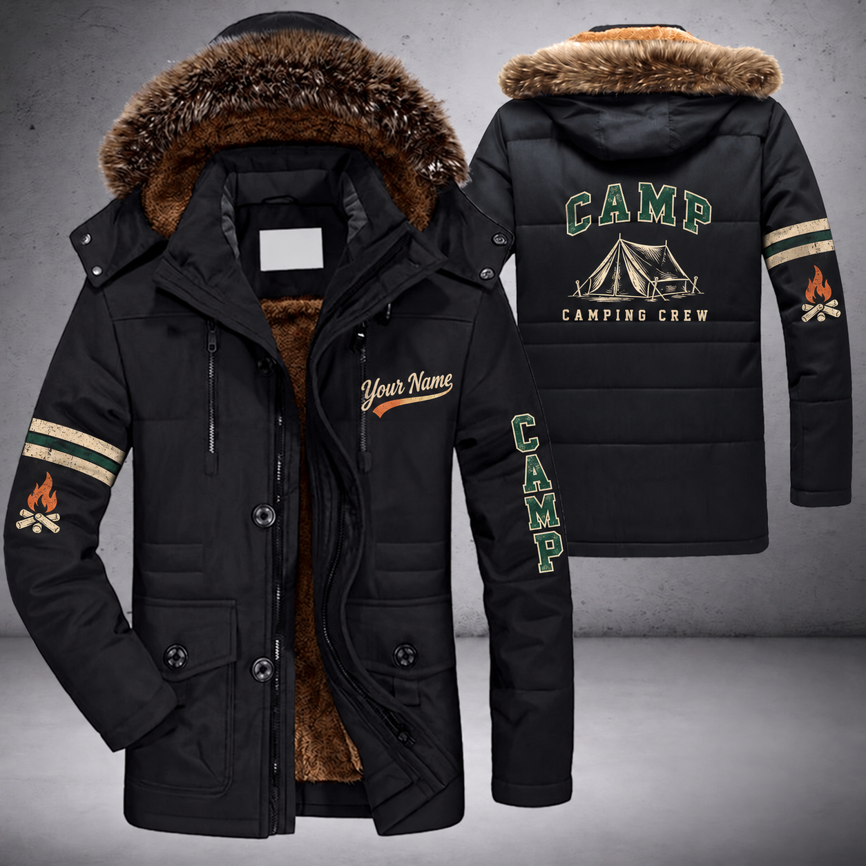 Black parka jacket with a faux-fur hood, tent on the back, "CAMP" lettering and a custom name in script on the chest